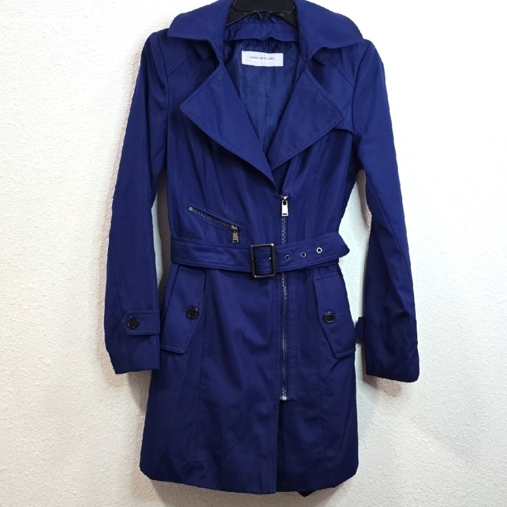 Andrew Marc New York Womens Blue Belted Trench Coat Size S.